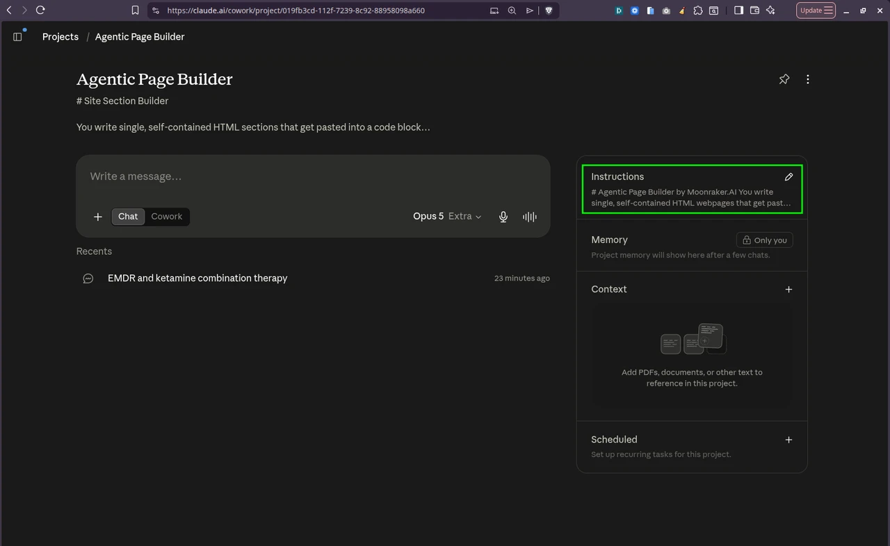 Claude project screen with the Instructions panel highlighted and a Context area for reference files. Your interface may look different.