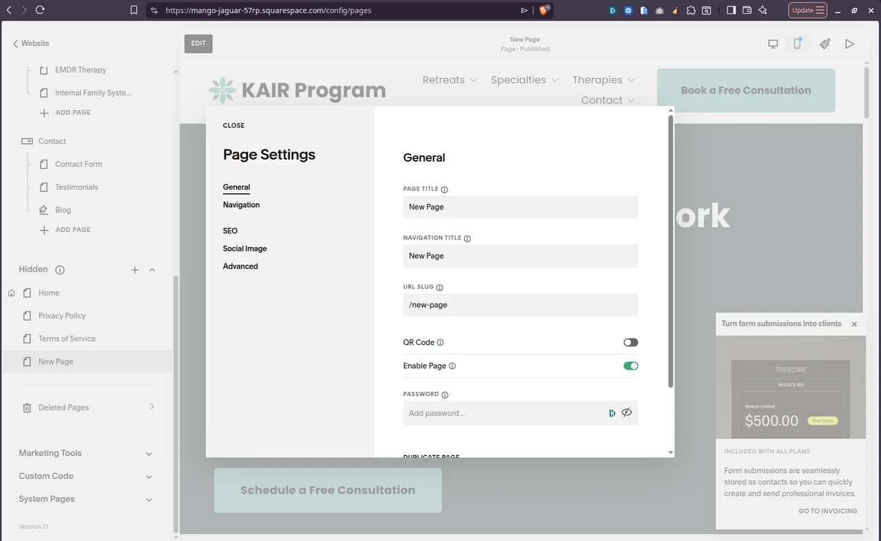 Squarespace page settings with Enable Page switched on and the password field empty.