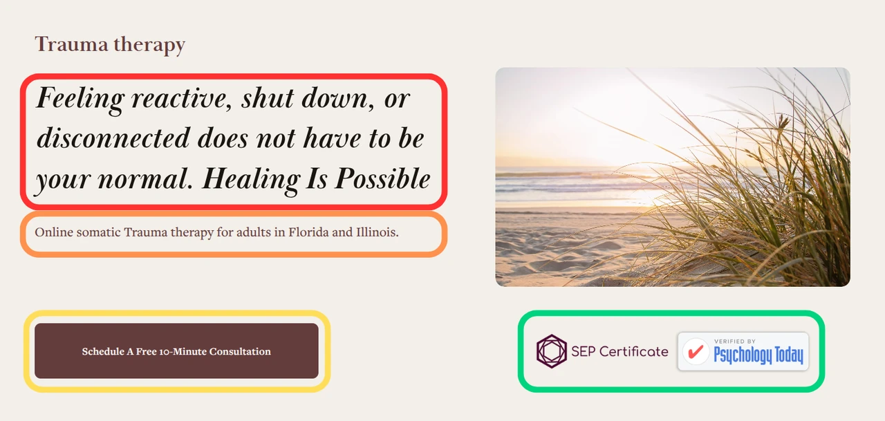 An annotated practice website showing an outcome-focused headline, service explanation, contact button and professional trust details.