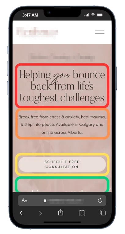 The first screen of the same website on a phone.