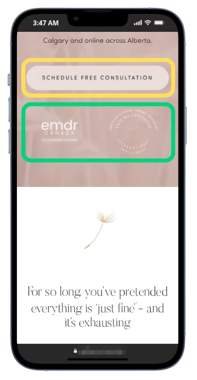 The same mobile page after the first scroll, revealing the contact action.