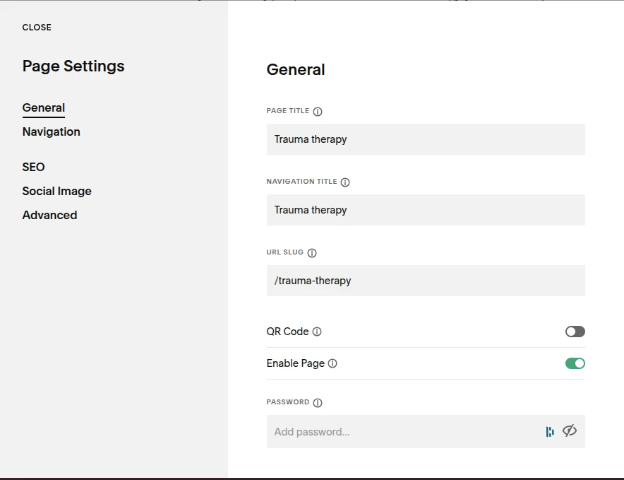 Squarespace page settings with separate Page Title, Navigation Title and URL Slug fields.
