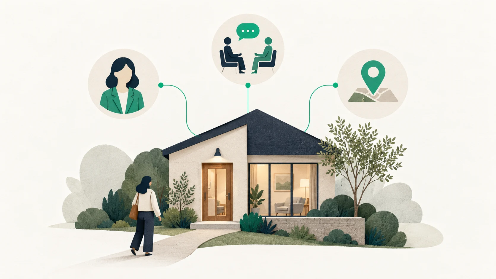 Illustration of a therapy practice connected to its clinician, service and location information.