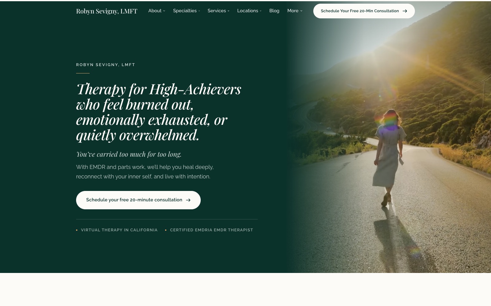 Robyn Sevigny's homepage on desktop: a woman walking along a sunlit road beside the headline Therapy for High-Achievers who feel burned out, emotionally exhausted, or quietly overwhelmed.