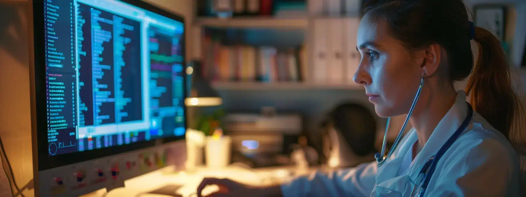 a therapist carefully selecting and arranging keywords on a computer screen, with a focus on phrases related to mental health and eating disorders.