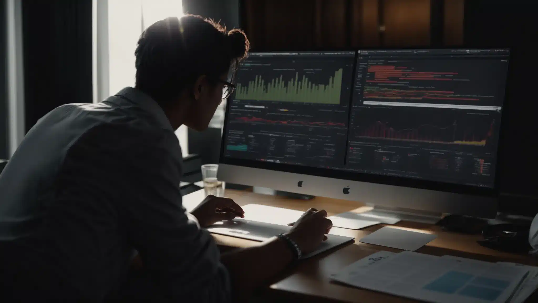 a therapist carefully analyzing data on a laptop, surrounded by feedback forms and charts, highlighting the process of refining a content marketing strategy.