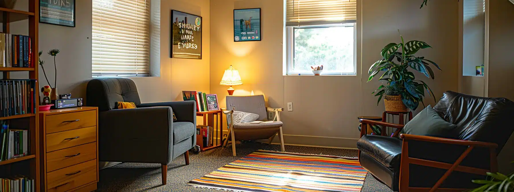 a therapist's cozy office with a welcoming sign, scattered therapy books, and a calming decor.