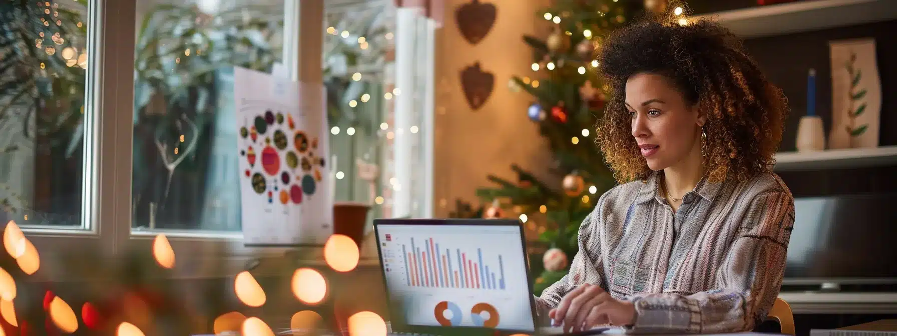 a therapist analyzing local engagement metrics on a laptop, surrounded by seasonal decorations and local client feedback notes.