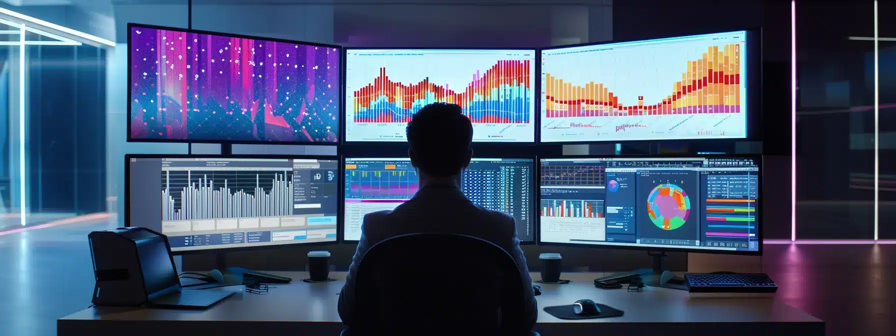 a person analyzing website traffic data on multiple computer screens in a modern, high-tech office setting.