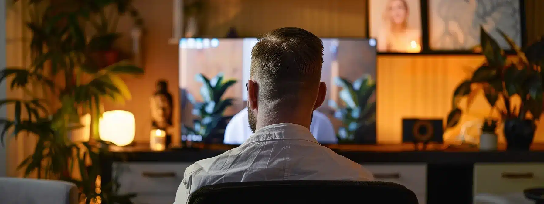 a therapist conducting a live online session with a backdrop of calming images and engaging visuals to showcase cognitive behavioral therapy services.