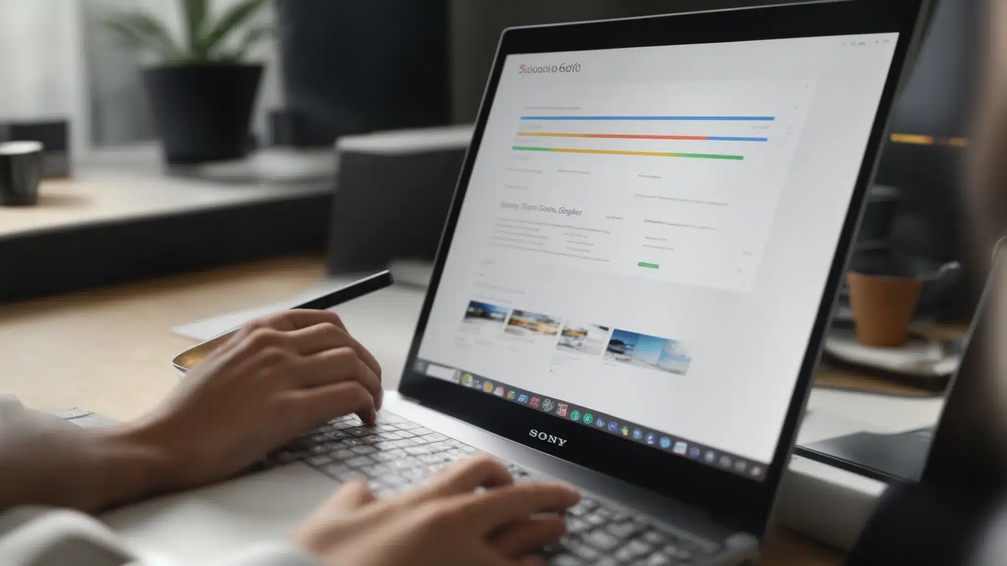 a person sitting at a desk, browsing through a user-friendly seo keyword tool interface with comprehensive data displayed, while their computer screen shows optimized google business profiles.