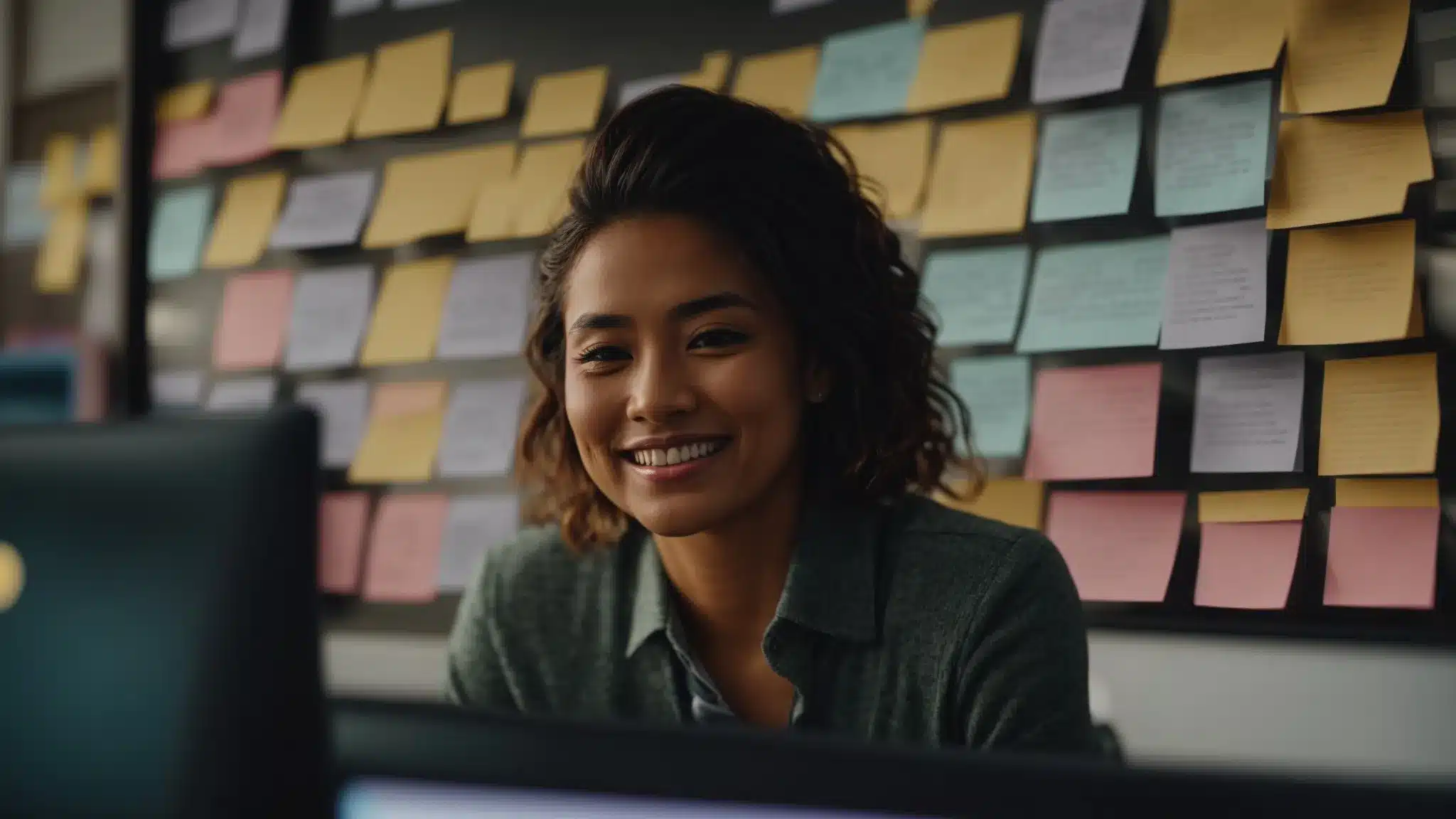 a therapist smiling and setting up their google my business profile on a computer, surrounded by post-it notes with key information.