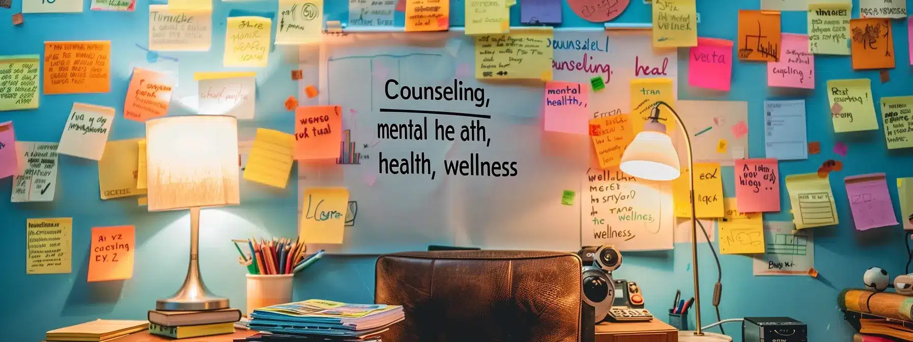 a therapist's office desk covered in colorful sticky notes with different keywords like 