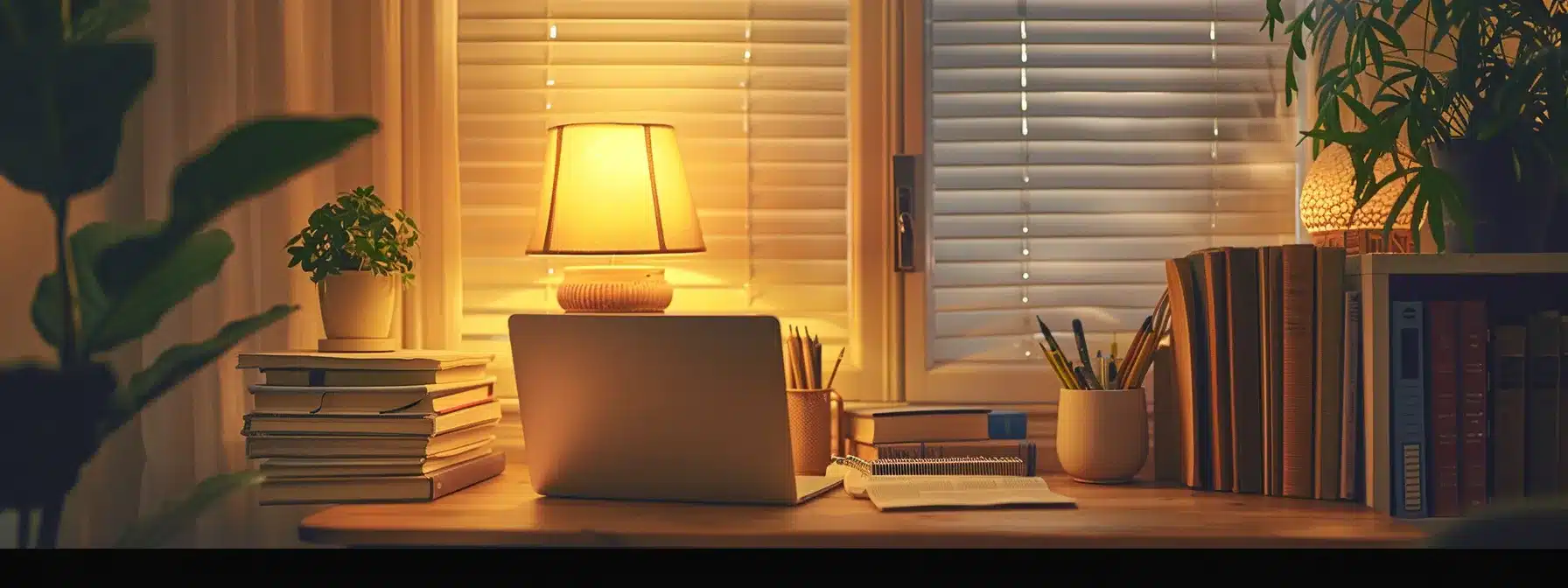 a cozy home office with a warm color palette and a stack of informative therapy-related books on a desk beside a laptop showcasing a beautifully designed therapy website.