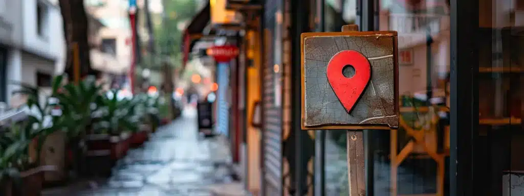 a therapist's office with a welcoming sign and a prominent google maps pin indicating its location in a bustling city center.