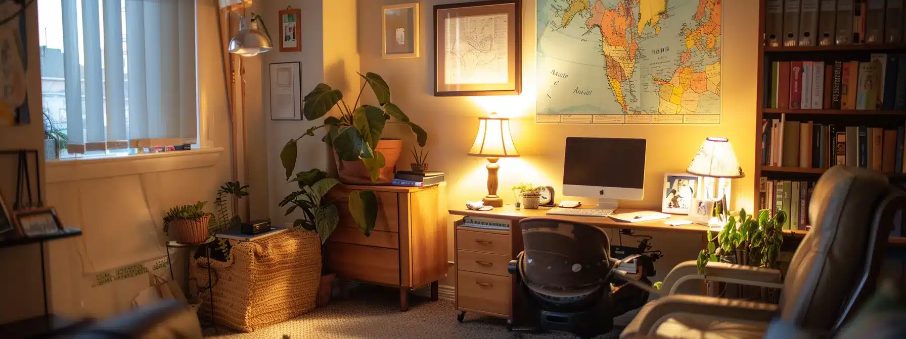 a therapist's cozy office decorated with local maps and landmarks, showcasing a warm and inviting space for nearby clients seeking therapeutic support.