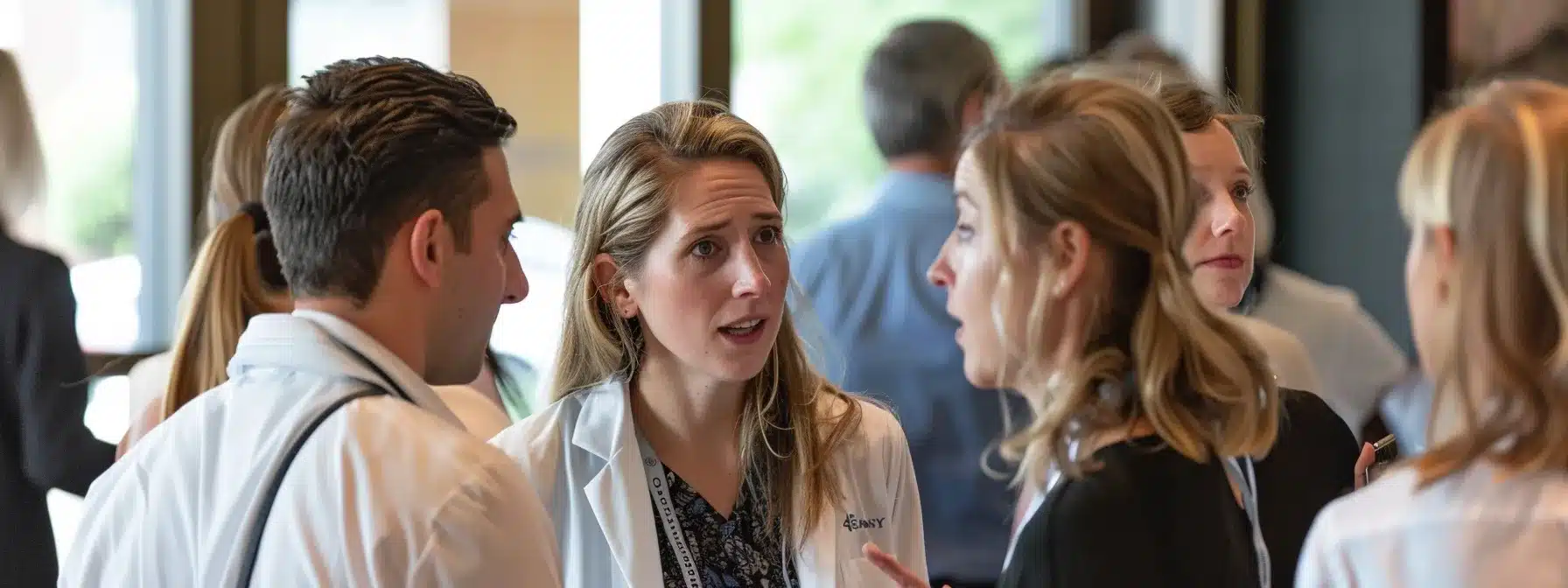 a group of healthcare professionals networking and exchanging ideas at a local medical event.