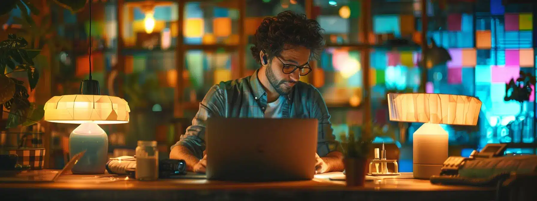 a business owner updating their practice information on a laptop, surrounded by colorful directory listings and keyword research notes.