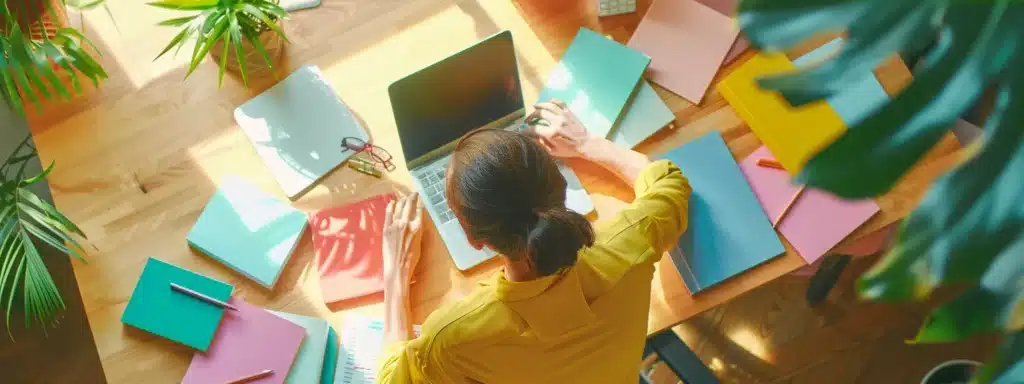 a therapist sitting at a desk surrounded by colorful notebooks, a laptop, and a plant, brainstorming content ideas for their marketing strategy.