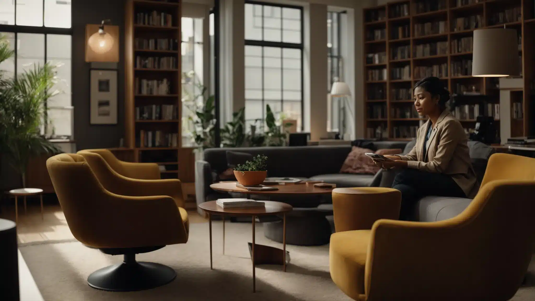 a therapist engaging with clients in a cozy office, surrounded by informative materials and resources.