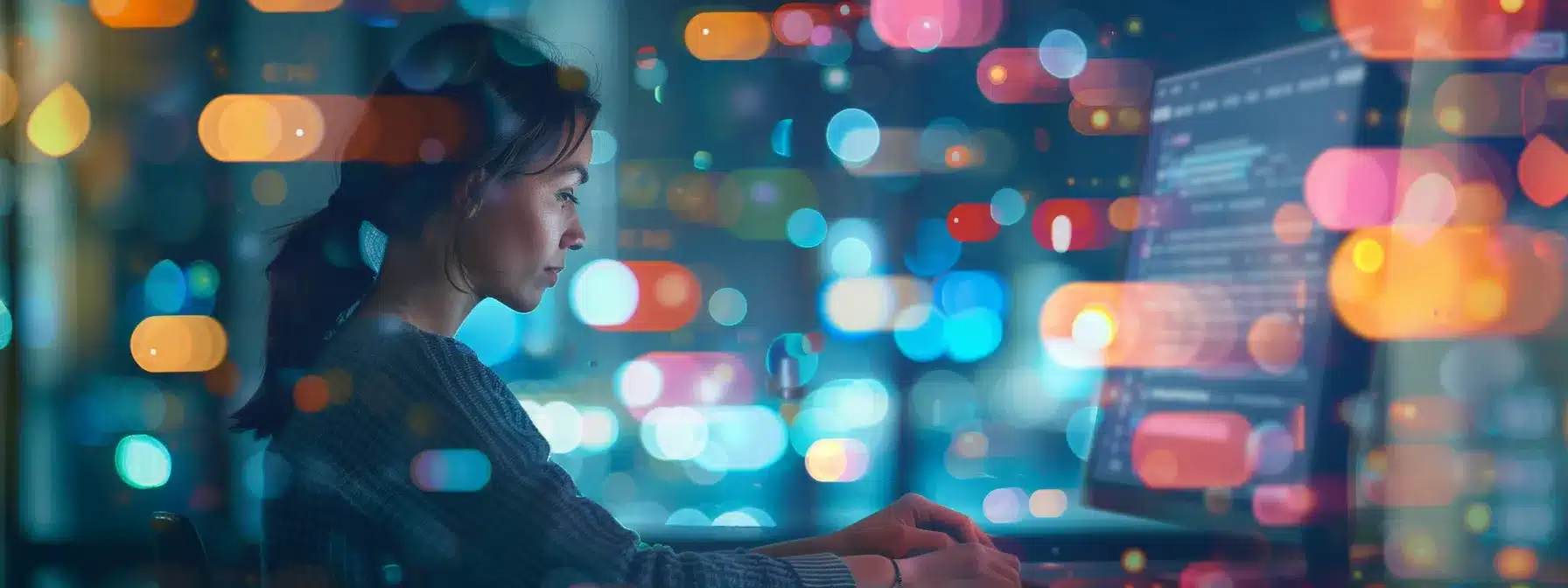 a therapist typing a thoughtful response to a client's message on a computer screen, surrounded by positive comments and engagement indicators.