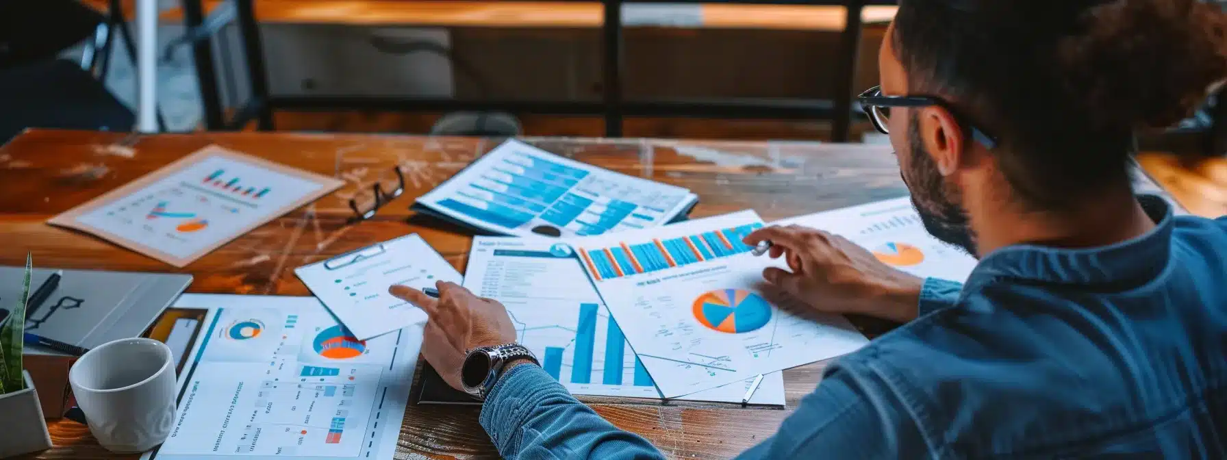 a therapist studying a detailed graph of google my business insights, surrounded by charts and graphs, adjusting their marketing strategy to enhance visibility and connect with potential clients.