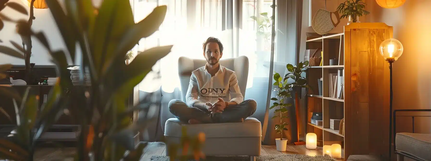 a therapist sitting in a cozy office with a welcoming sign displaying their unique logo and slogan, creating an atmosphere of trust and authenticity.