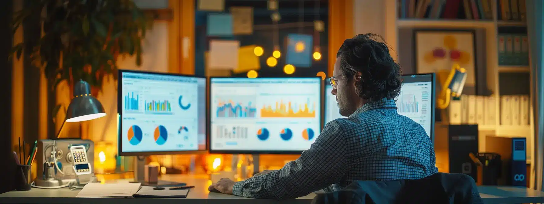 a therapist analyzing data on a computer screen displaying google analytics and search console metrics, with keyword research tools scattered on the desk nearby.