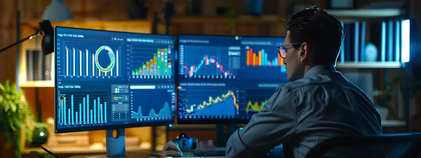 a therapist studying a computer screen filled with colorful charts and graphs displaying keyword research data.