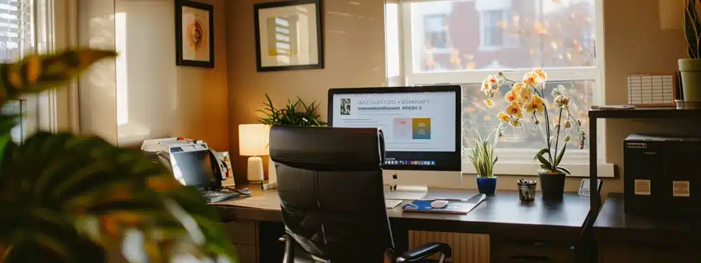 a therapist's office with a prominent website displayed on a computer screen, ranking high in search results with glowing testimonials and positive reviews.