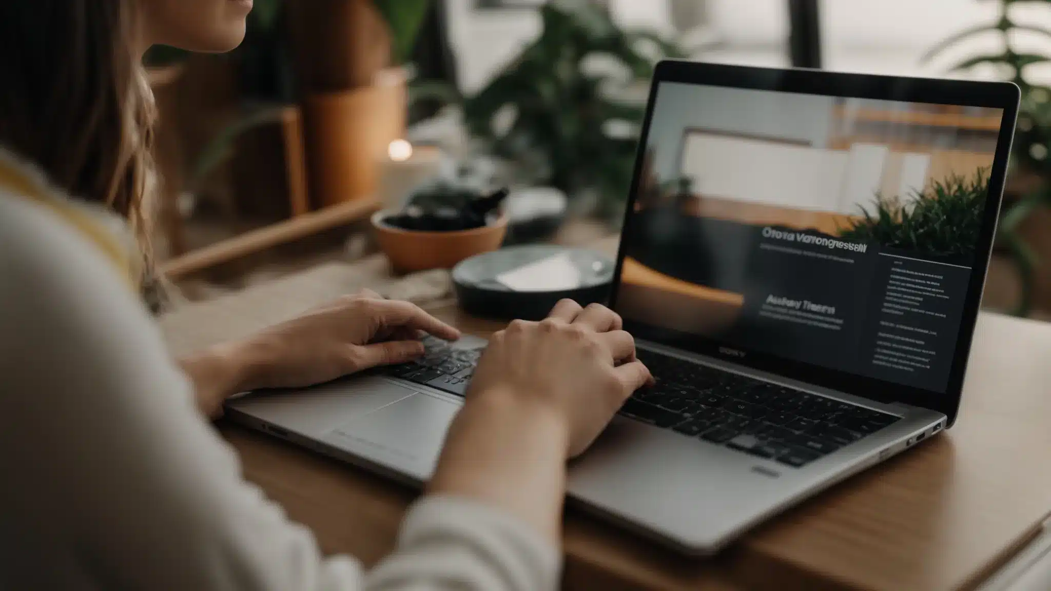 a therapist typing on a laptop with a website open, featuring keywords like 