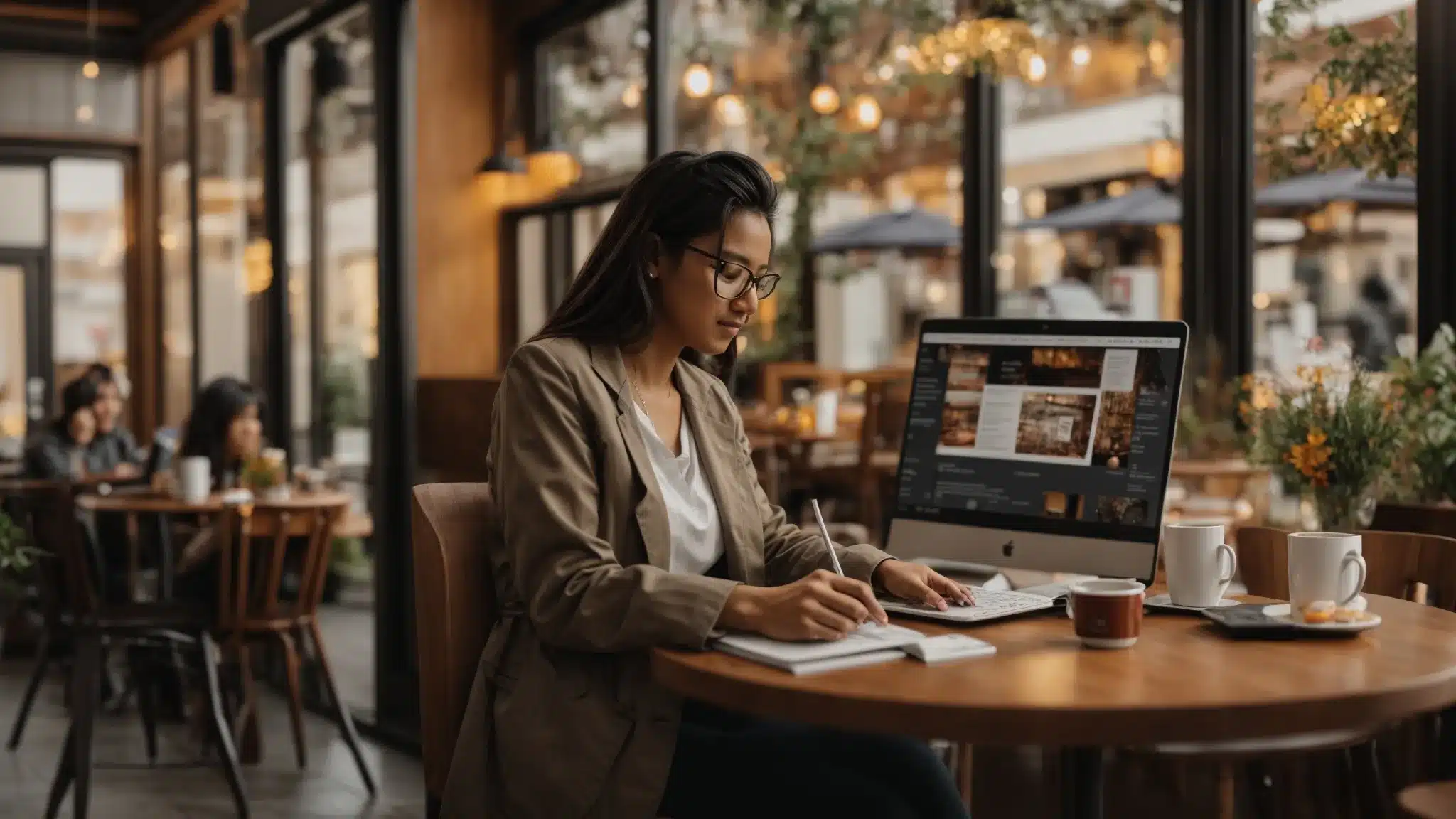 a therapist writing a blog post on a laptop at a café decorated with local artwork and flyers for community events, surrounded by cozy chairs and a welcoming atmosphere.