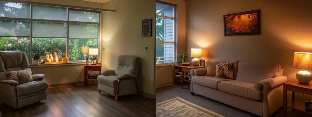 a cozy therapy office with warm lighting and calming decor, showcasing a comfortable couch and a serene atmosphere for clients.