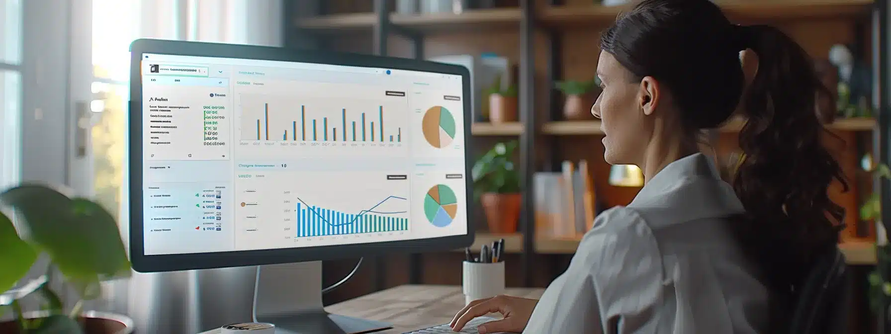 a therapist reviewing a computer screen displaying a detailed analytics dashboard highlighting organic traffic, keyword rankings, bounce rates, conversion rates, backlink quality, and domain authority to track the effectiveness of their online presence.