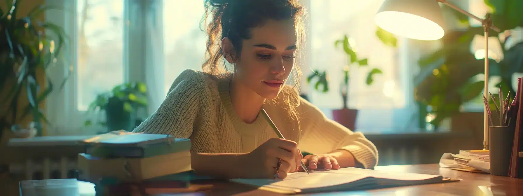 a therapist sitting at a desk, hand-writing personalized notes with a focused expression.