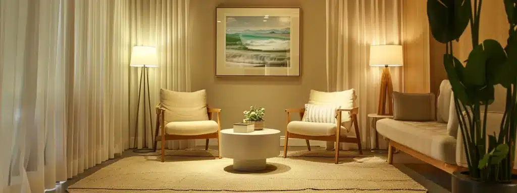 a tranquil therapy office with soft lighting, soothing colors, and comfortable seating for clients.