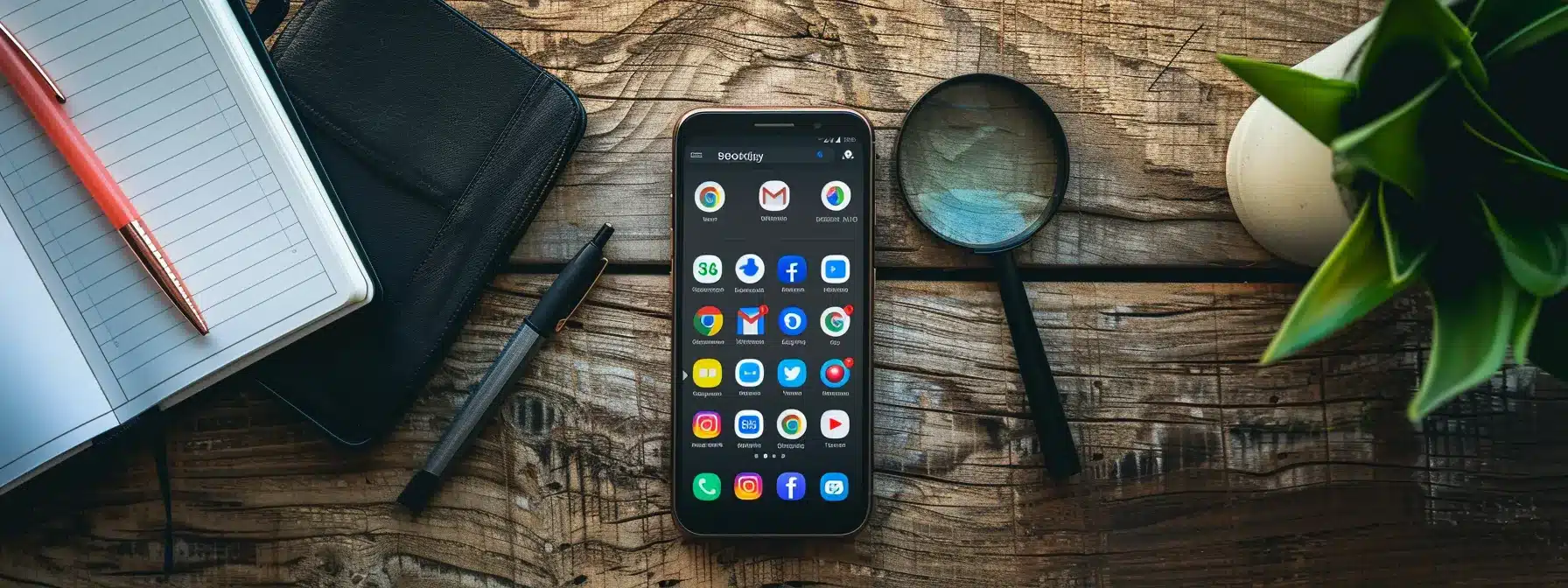 a therapist's website displayed on a sleek smartphone screen, showing mobile-friendly keywords and voice search optimized content, surrounded by a digital strategy notebook and a magnifying glass emphasizing seo importance for mobile search rankings.