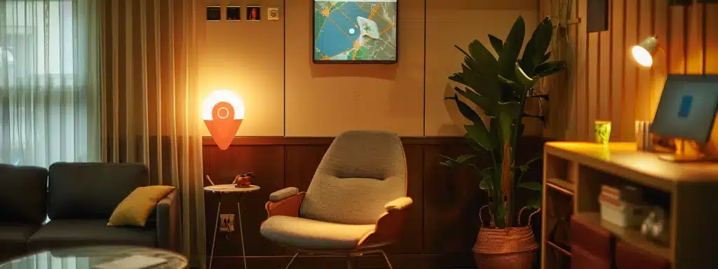 a therapist's cozy office with a glowing google maps pin highlighting their location.