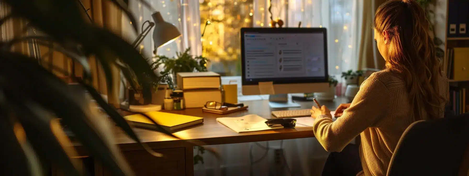 a therapist sitting at a desk, writing compassionate service pages while surrounded by client testimonials and success stories.