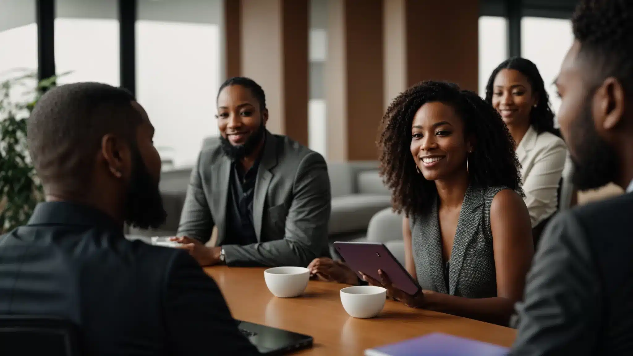 a therapist engaging with a diverse group of professionals at a virtual networking event, exchanging ideas and building connections for social media growth.