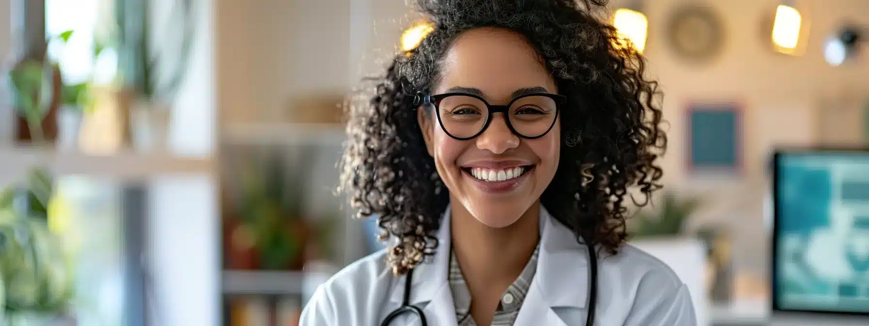 a smiling health professional showcasing positive client testimonials on a computer screen, with colorful review stars and comments visible.