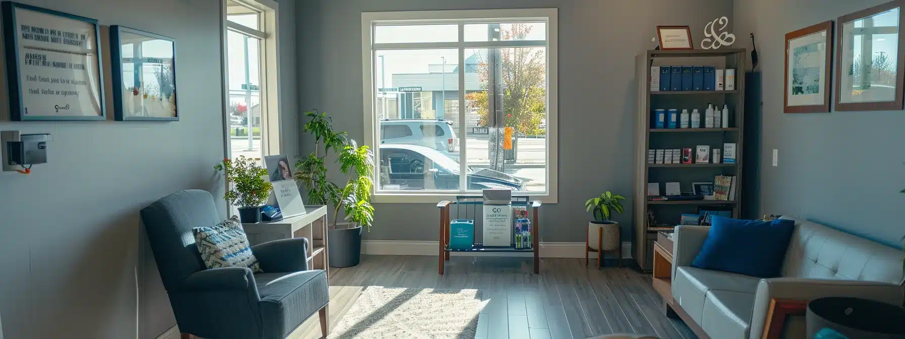 a therapist's office with a bright, inviting google my business window sticker displayed prominently.