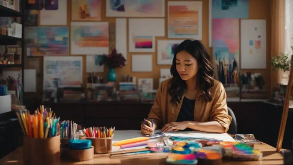 a therapist sitting at a desk surrounded by colorful art supplies and inspirational quotes, crafting their unique brand identity.