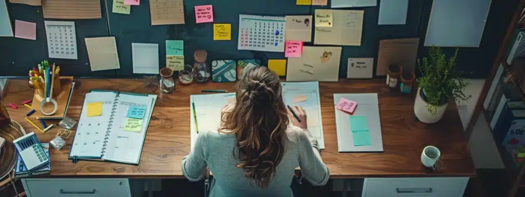 a therapist sitting at a desk, surrounded by colorful sticky notes and a calendar, brainstorming their social media content plan.