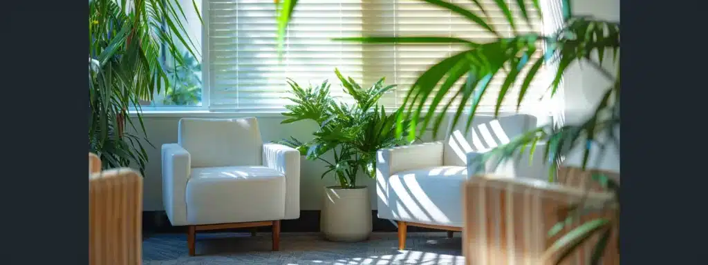 a cozy, modern therapy office with a bright, welcoming waiting room filled with lush green plants and comfortable seating, creating a peaceful atmosphere for clients.