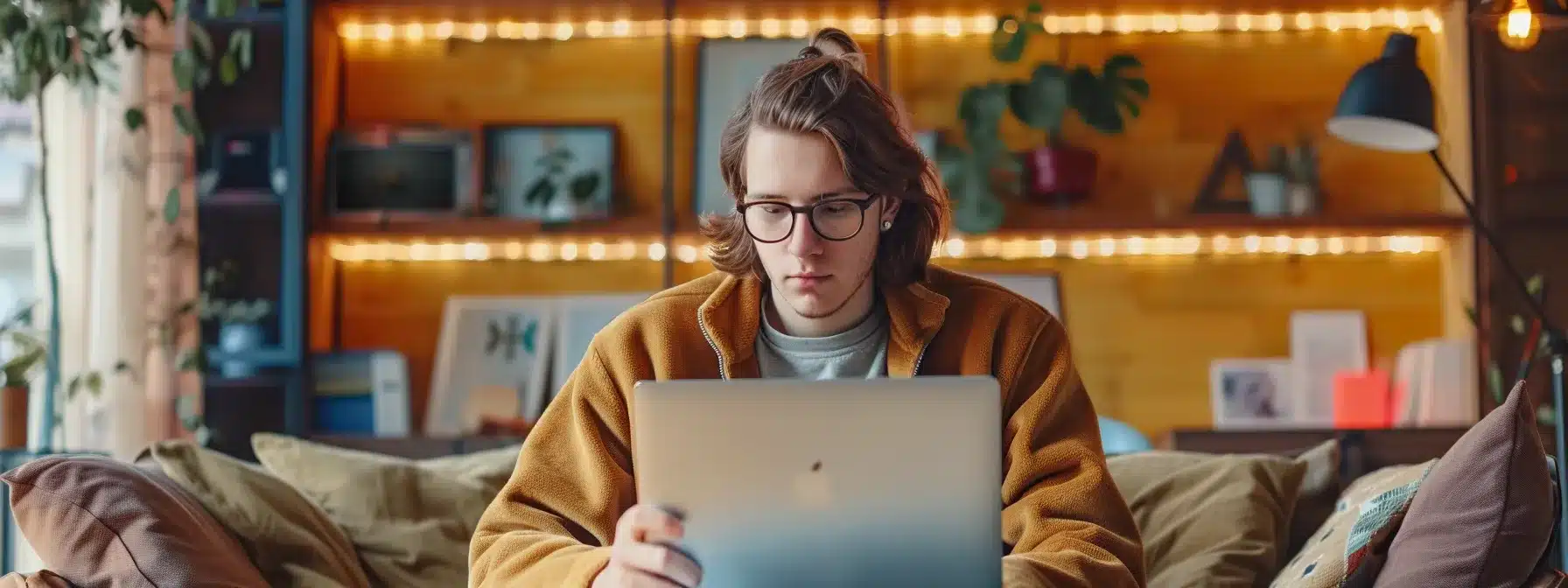 a therapist sitting in a cozy office, scrolling through a laptop showing facebook, instagram, and linkedin platforms for social media marketing strategies.