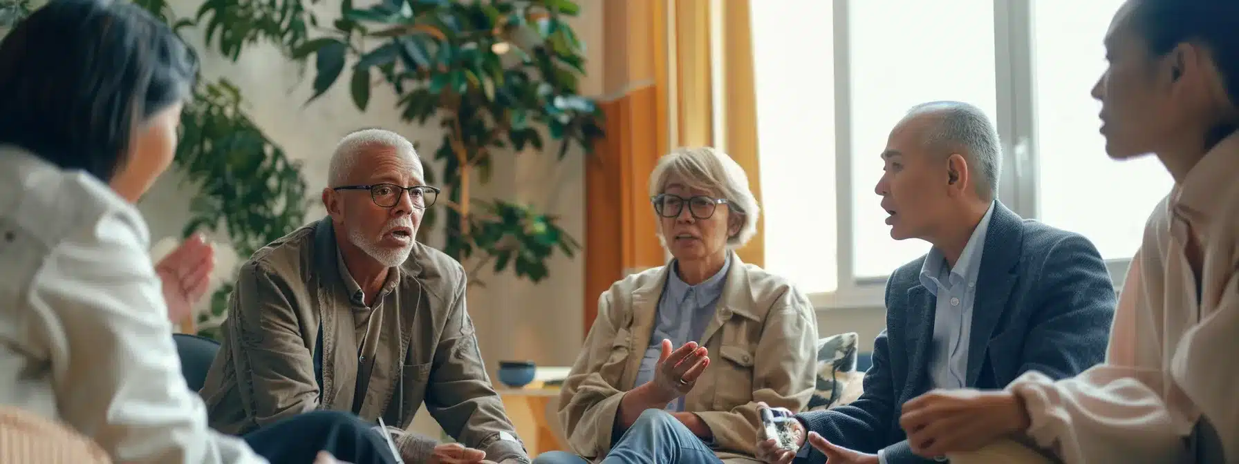 a diverse group of individuals in a support group setting, engaged in deep conversation and connection.