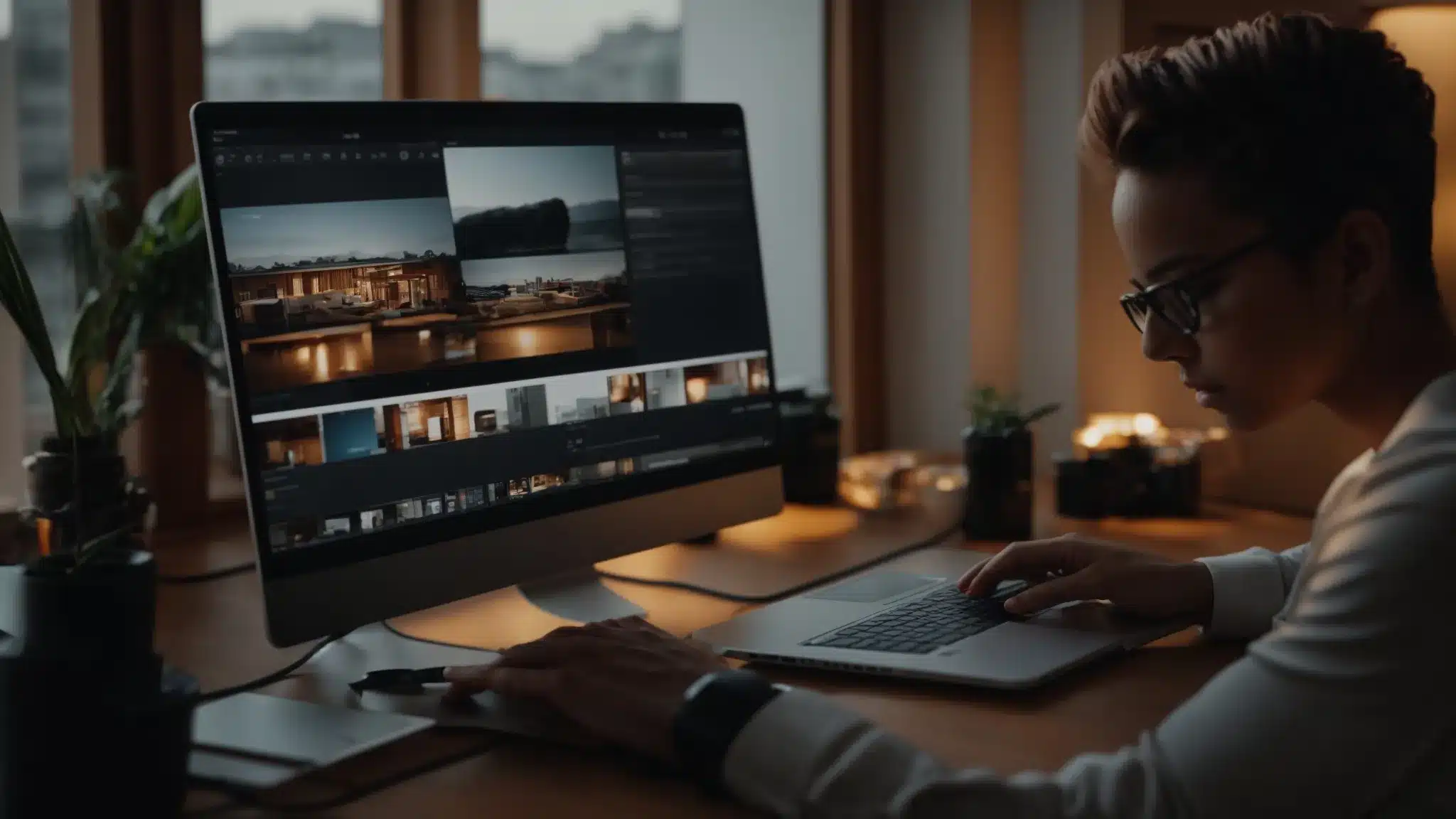 a mental health professional sitting at their desk, typing engaging social media content on a laptop with a warm and inviting workspace ambiance.