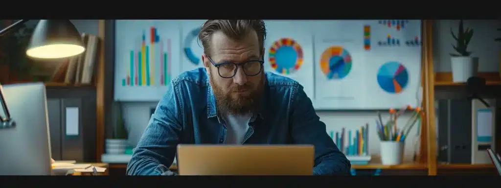 a mental health expert sitting at a desk surrounded by colorful graphs and charts, typing on a laptop with a look of concentration.