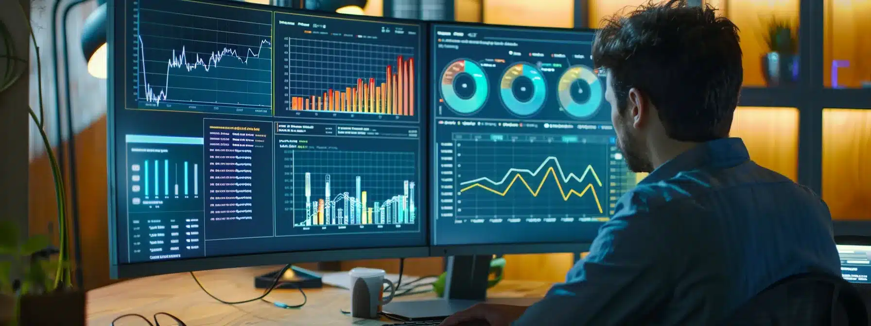 a person analyzing a computer screen filled with colorful graphs and charts, adjusting keywords to optimize website visibility and client engagement.